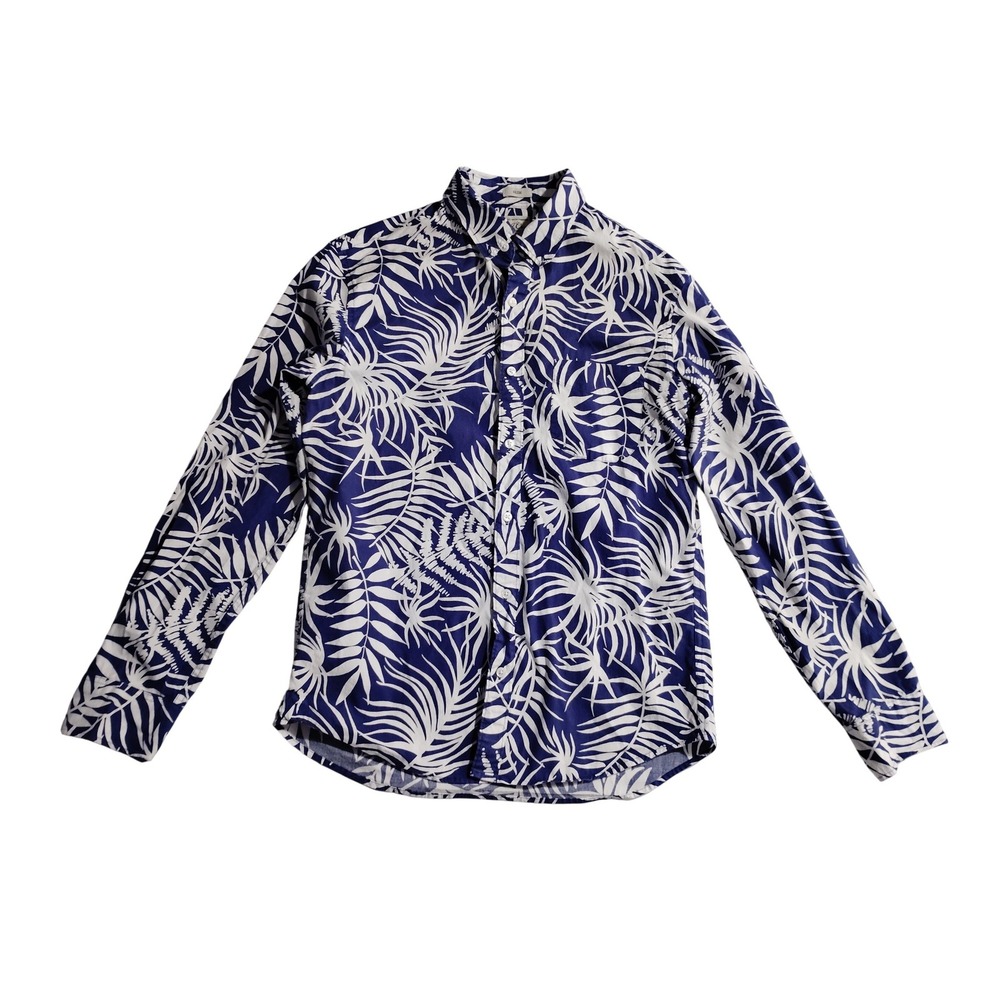 J.Crew Mens M Slim Secret Wash Stretch Shirt Blue White Tropical Palm Leaf Print